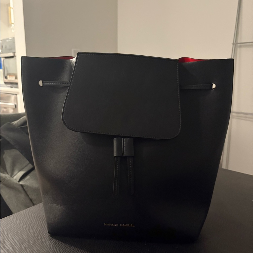 Mansur Gavriel Black Leather Backpack With Red Interior View 2
